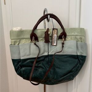 Women’s Colorblock Leather Tote Bag - Mint, Light Gray & Forest Green